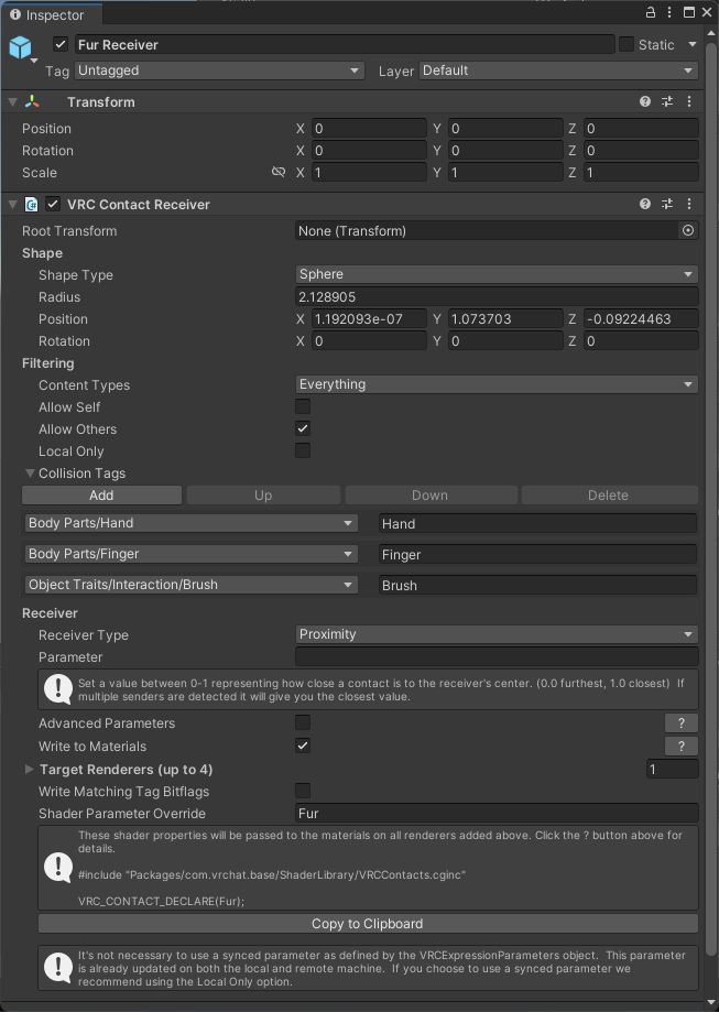 生成された他人用Receiver。Allow Others、Write to Materials、Shader Parameter OverrideのFurを確認できる